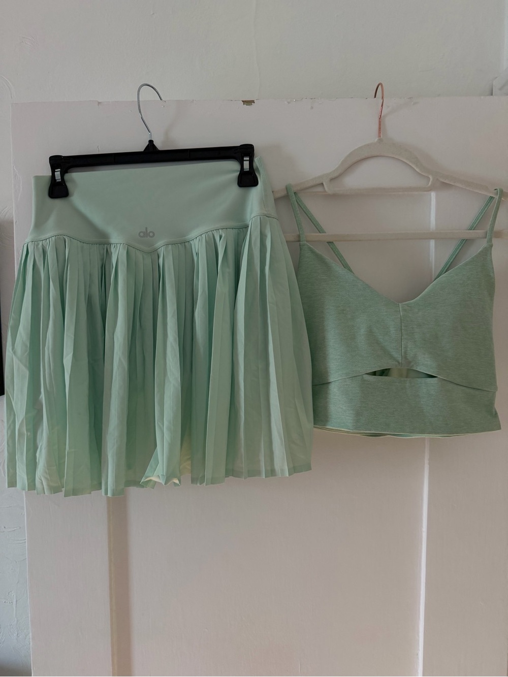 ALO Yoga High-Waist Pleate Tennis Skirt with matching bra in Mint